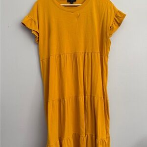 J. Crew Mustard Tiered Midi Dress with Ruffle Sleeves